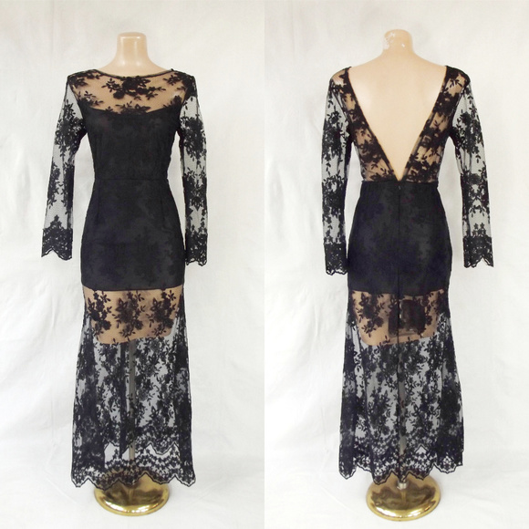 Vintage Dresses & Skirts - VINTAGE 90s Embroidered Illusion Lace Maxi Dress